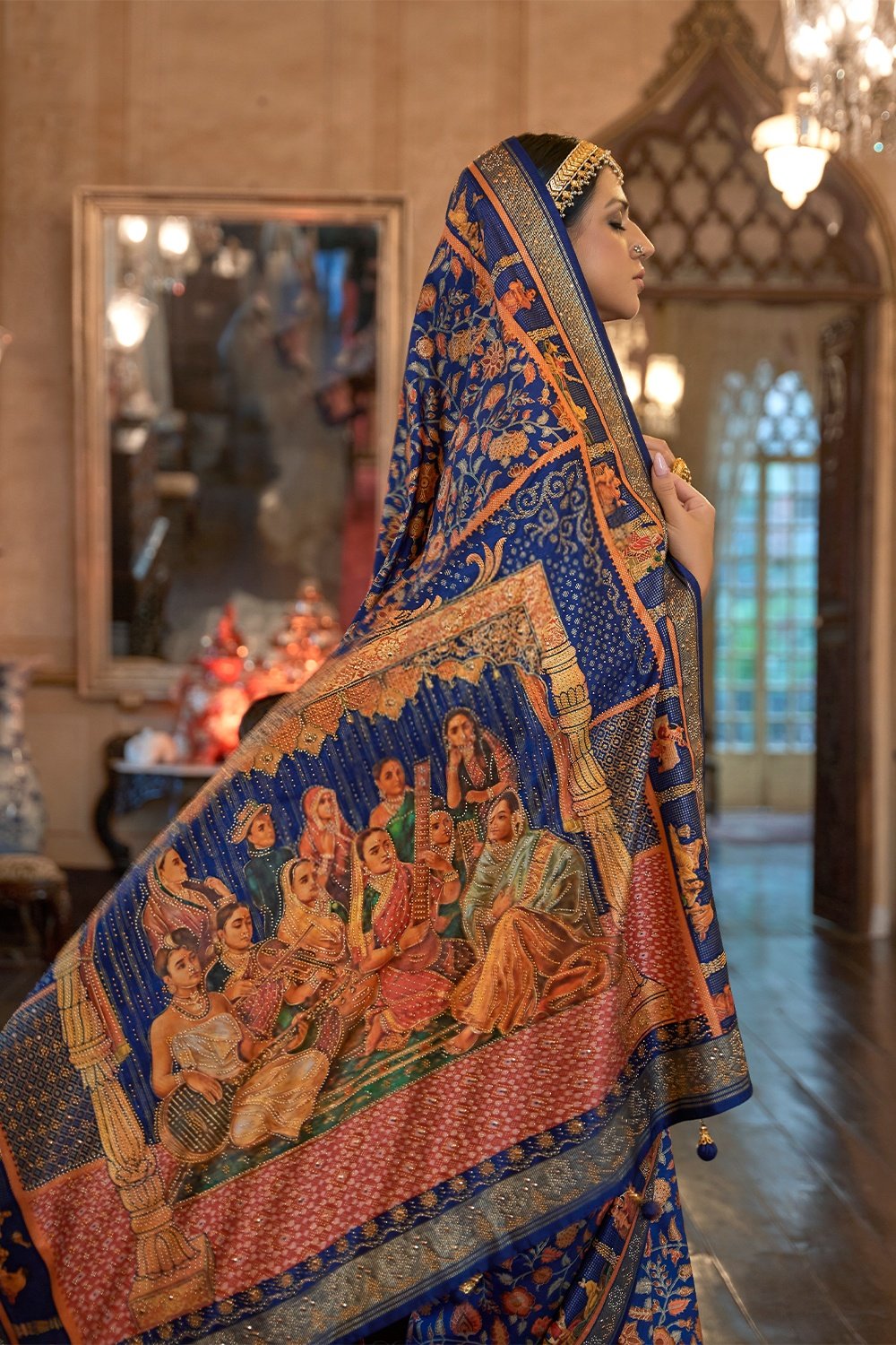 Dark Blue Raw Silk Saree with Ethnic Heritage Prints - Mayrake.in