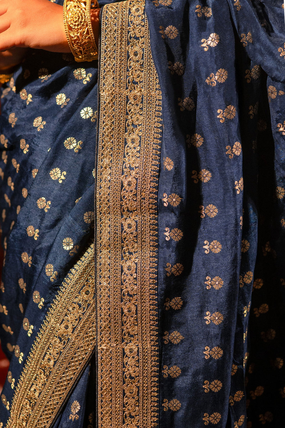 Dark Blue Silk Saree with Golden Buti Work and Rich Zari Border - Mayrake.in