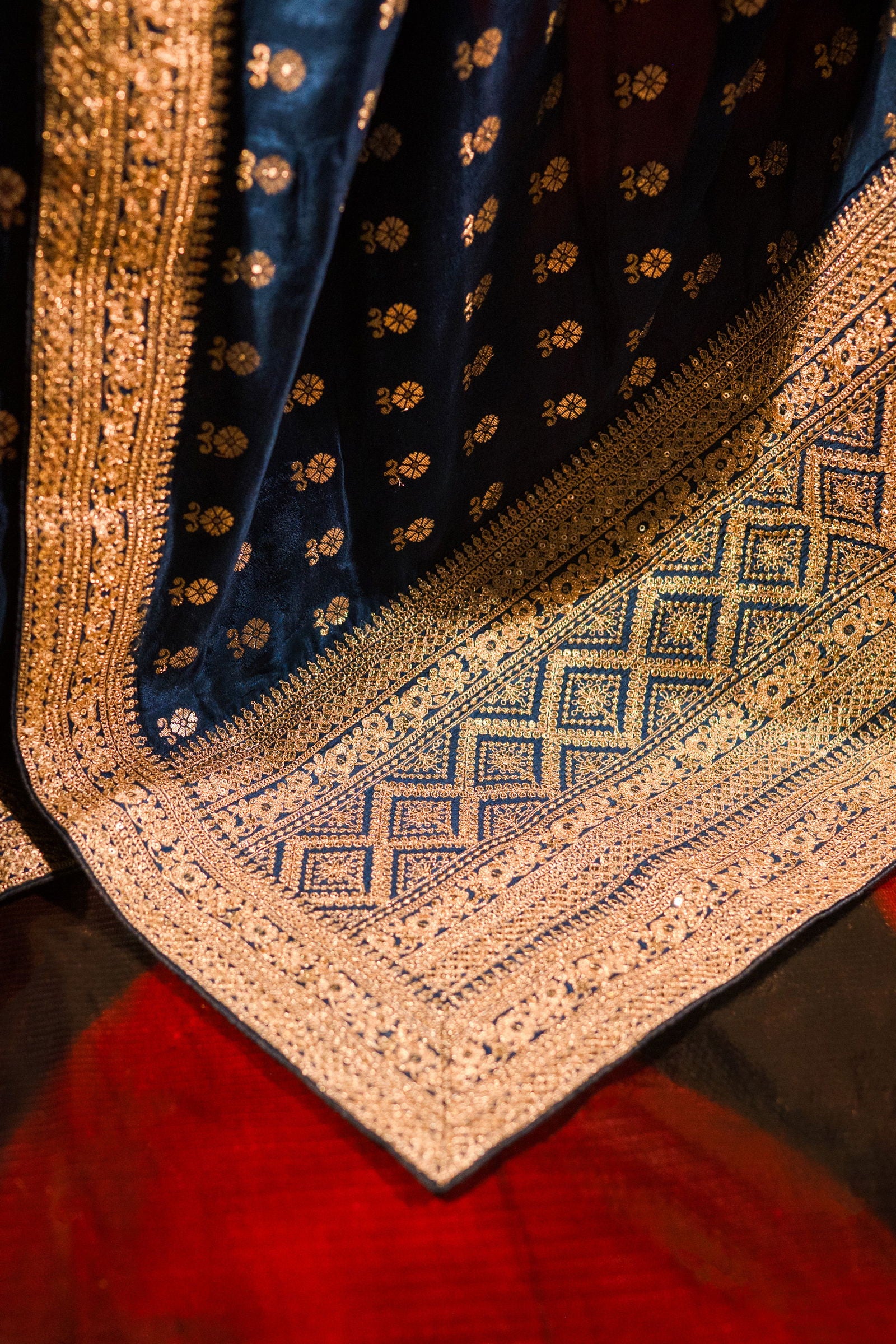 Dark Blue Silk Saree with Golden Buti Work and Rich Zari Border - Mayrake.in