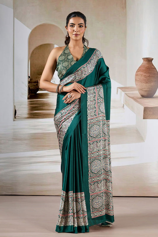 Dark Green Satin Modal Silk Saree with Ajrak Print - Mayrake.in