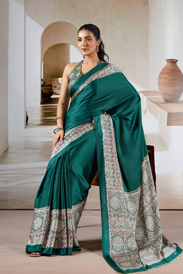 Dark Green Satin Modal Silk Saree with Ajrak Print - Mayrake.in