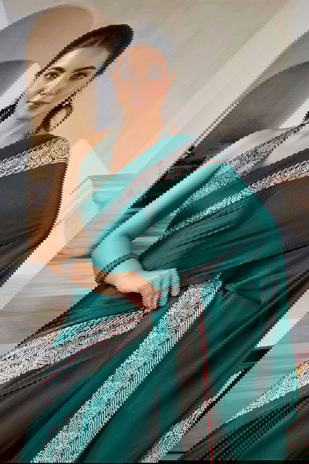 Dark Green Satin Modal Silk Saree with Ajrak Print - Mayrake.in