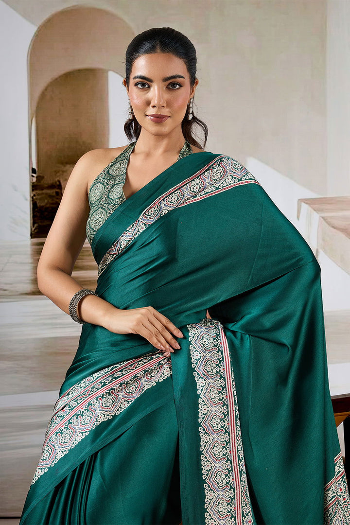 Dark Green Satin Modal Silk Saree with Ajrak Print - Mayrake.in