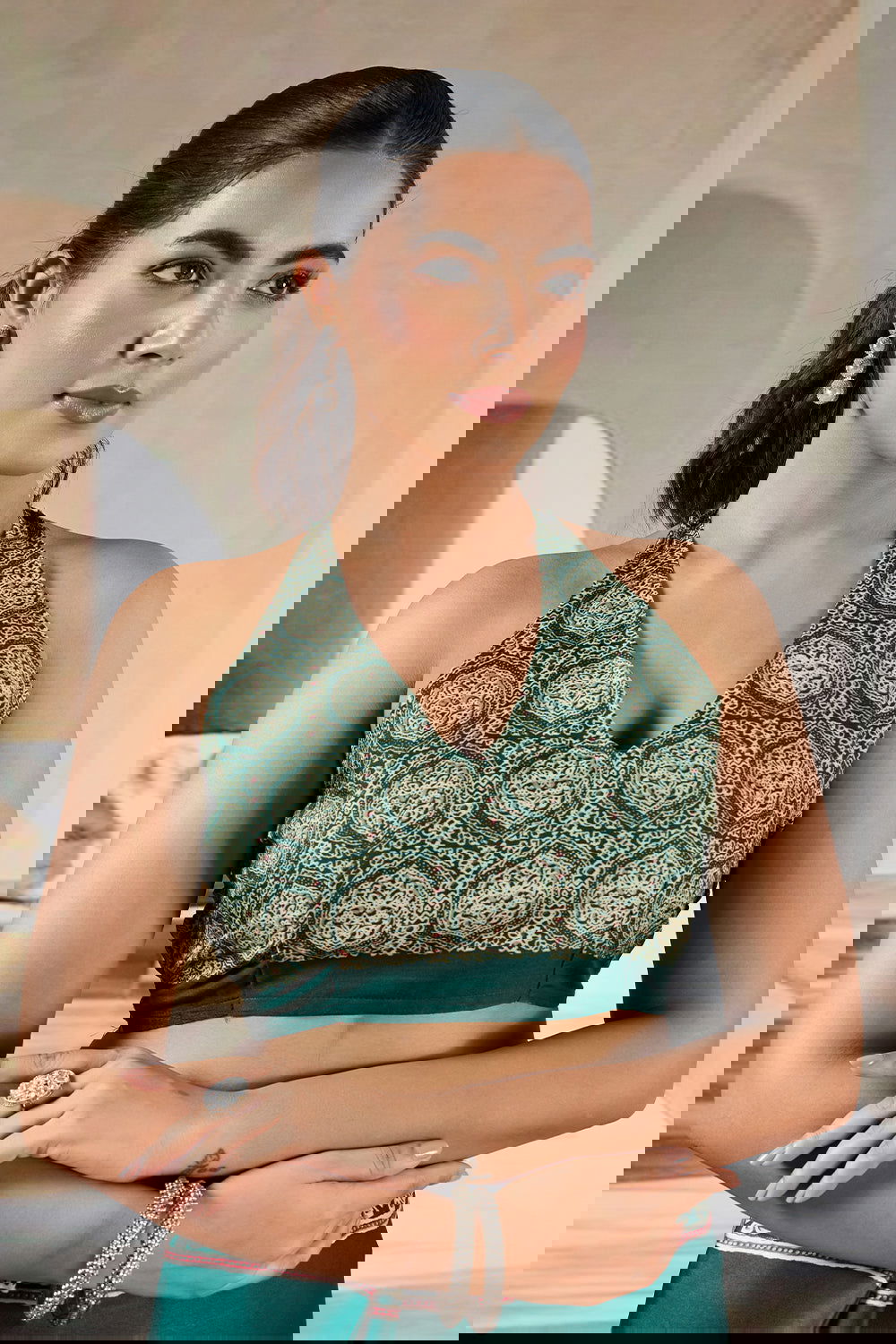 Dark Green Satin Modal Silk Saree with Ajrak Print - Mayrake.in