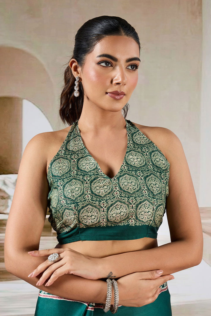 Dark Green Satin Modal Silk Saree with Ajrak Print - Mayrake.in