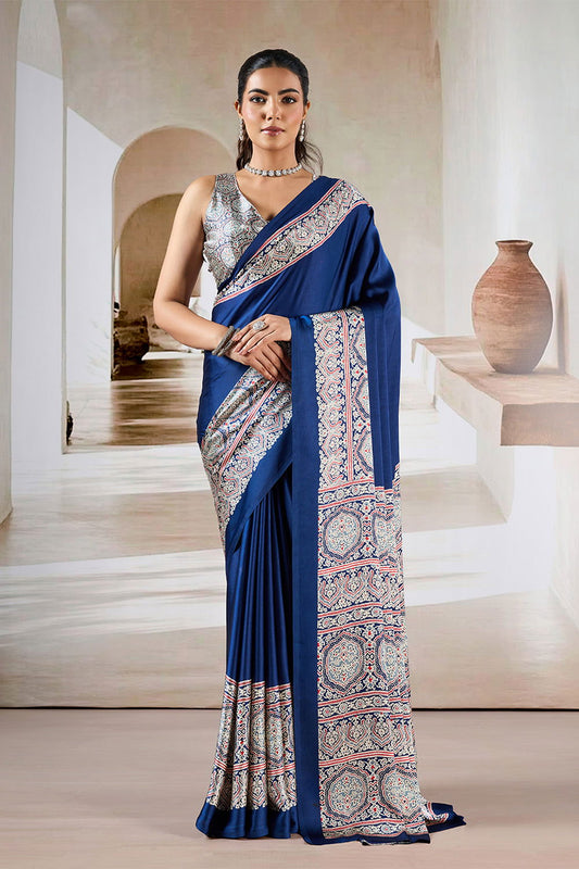 Dark Navy Blue Pure Satin Modal Silk Saree with Ajrakh Print Work - Mayrake.in