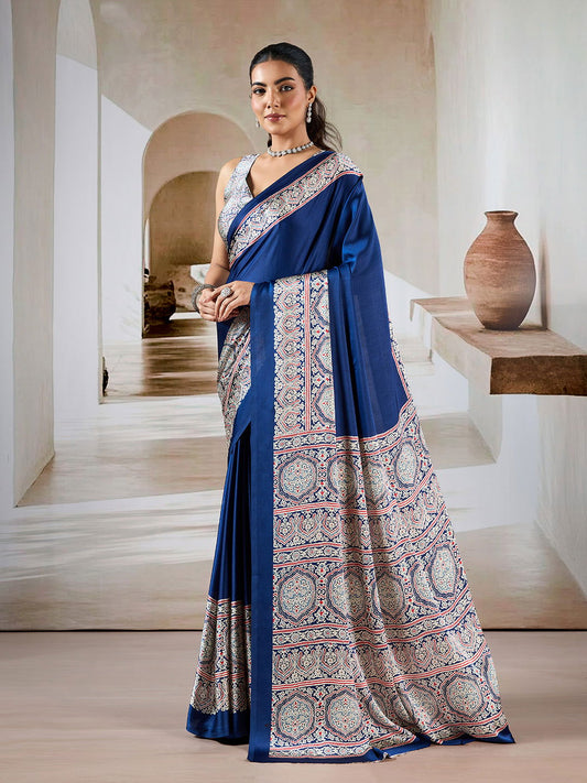 Dark Navy Blue Pure Satin Modal Silk Saree with Ajrakh Print Work - Mayrake.in