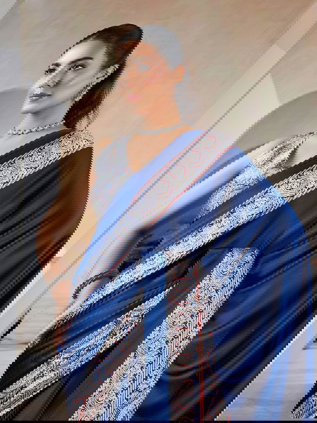 Dark Navy Blue Pure Satin Modal Silk Saree with Ajrakh Print Work - Mayrake.in