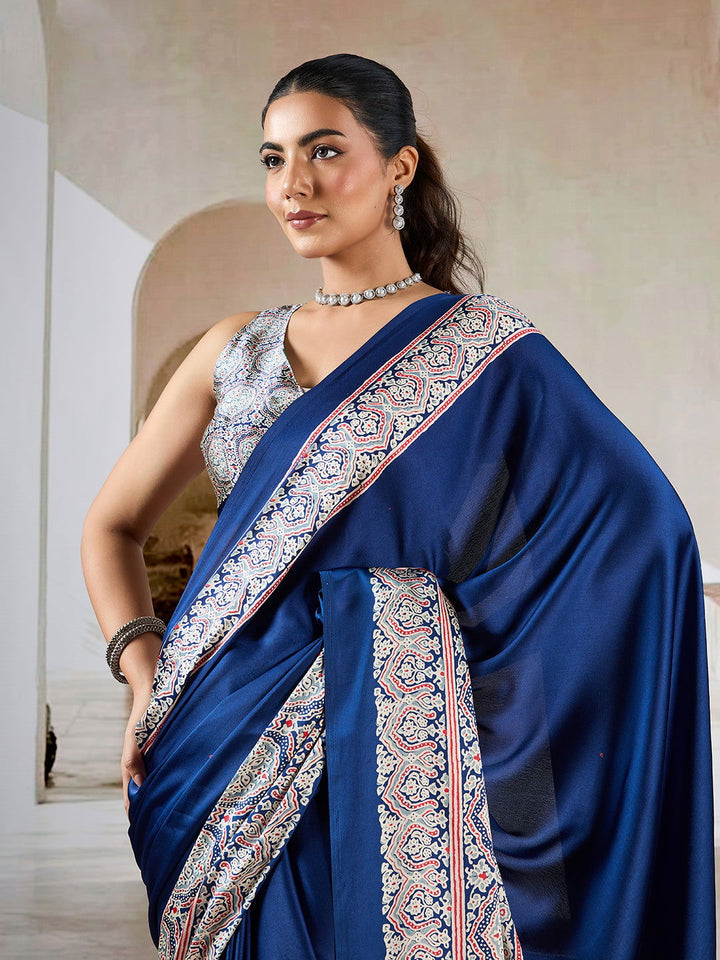 Dark Navy Blue Pure Satin Modal Silk Saree with Ajrakh Print Work - Mayrake.in