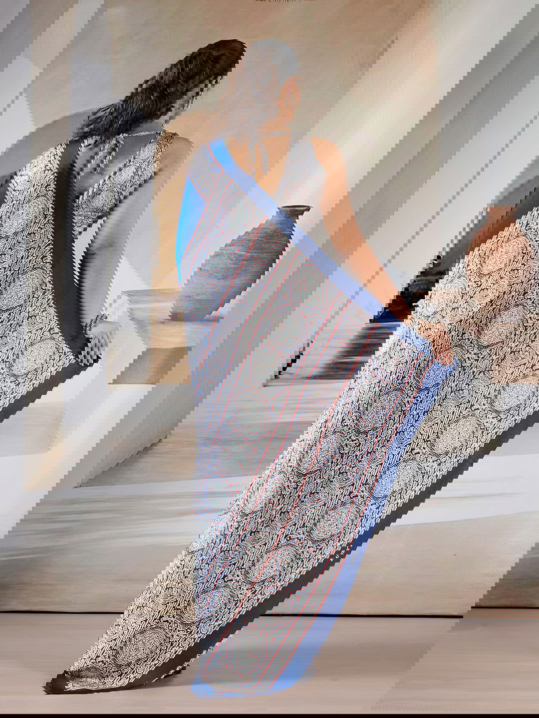 Dark Navy Blue Pure Satin Modal Silk Saree with Ajrakh Print Work - Mayrake.in