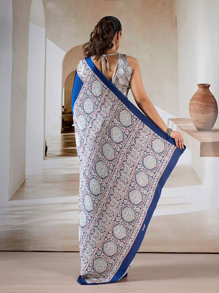 Dark Navy Blue Pure Satin Modal Silk Saree with Ajrakh Print Work - Mayrake.in