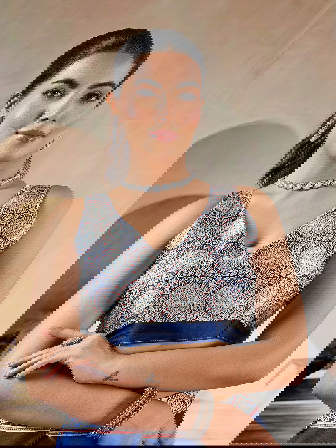 Dark Navy Blue Pure Satin Modal Silk Saree with Ajrakh Print Work - Mayrake.in