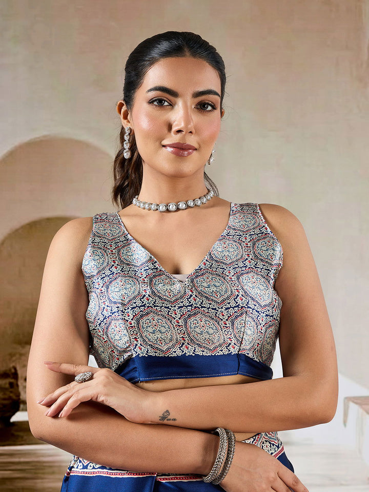 Dark Navy Blue Pure Satin Modal Silk Saree with Ajrakh Print Work - Mayrake.in