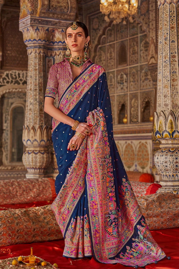 Dark Navy Blue Raw Silk Saree with Heritage Prints - Mayrake.in