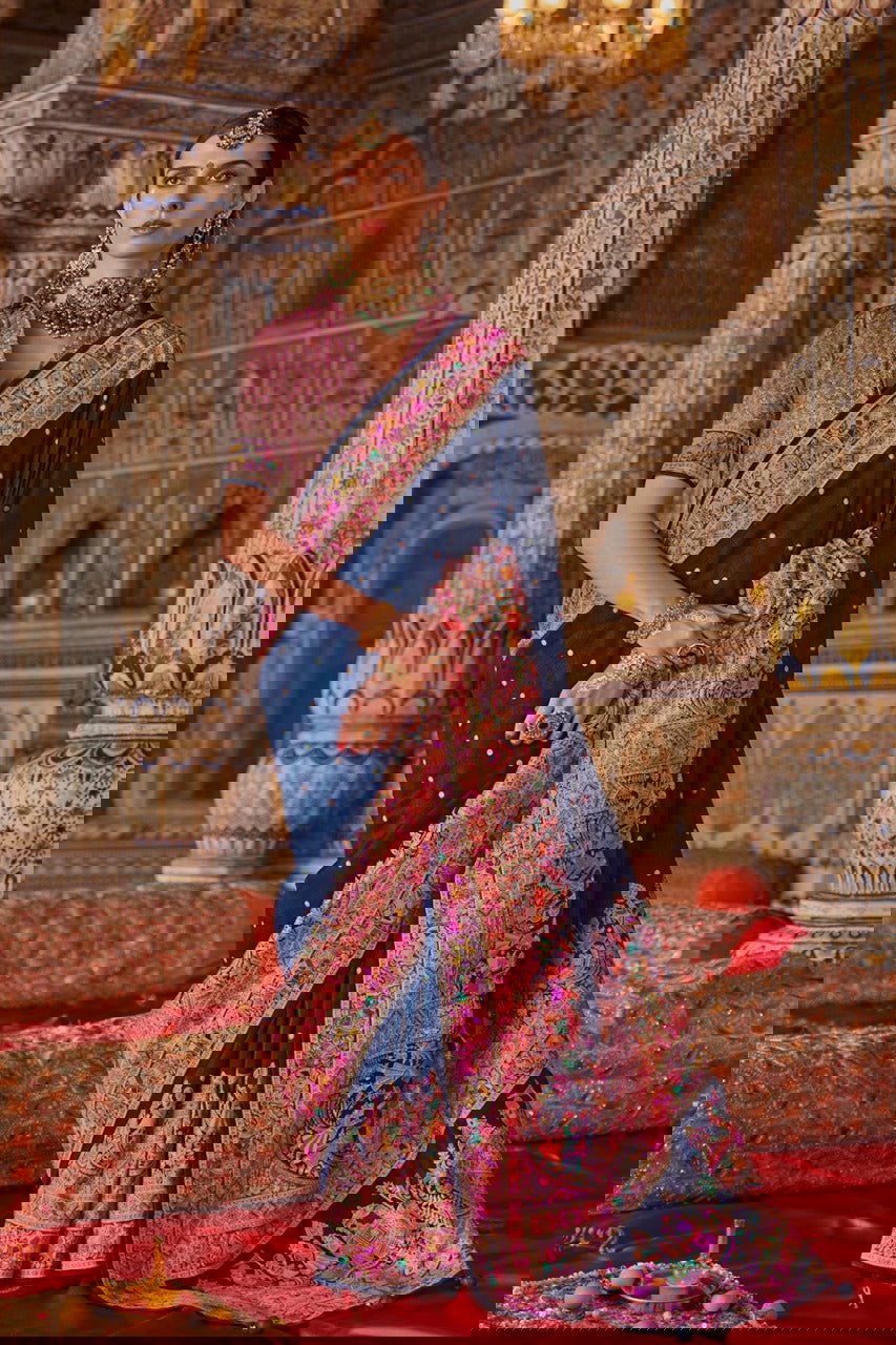 Dark Navy Blue Raw Silk Saree with Heritage Prints