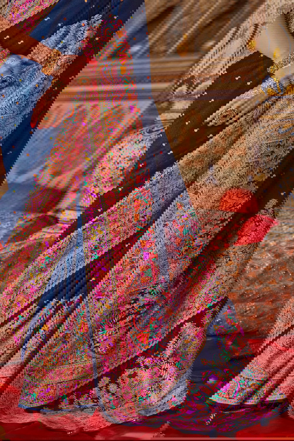 Dark Navy Blue Raw Silk Saree with Heritage Prints - Mayrake.in