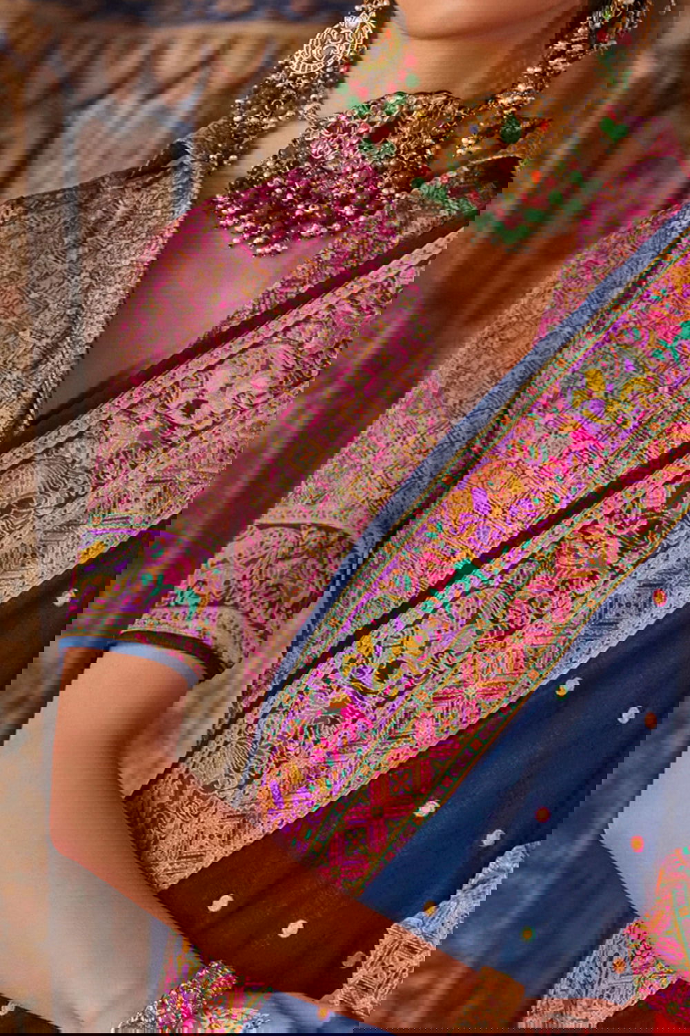 Dark Navy Blue Raw Silk Saree with Heritage Prints - Mayrake.in