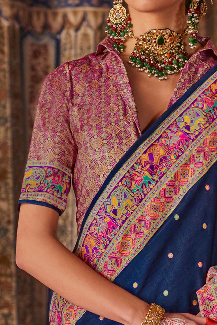 Dark Navy Blue Raw Silk Saree with Heritage Prints - Mayrake.in