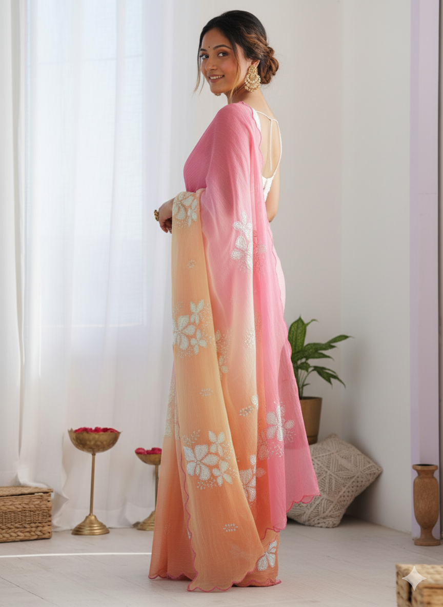 Dark Orange Pastel-Shaded Soft Chinon Silk Saree with Sequin Embroidery and Khatli Work Border - Mayrake.in