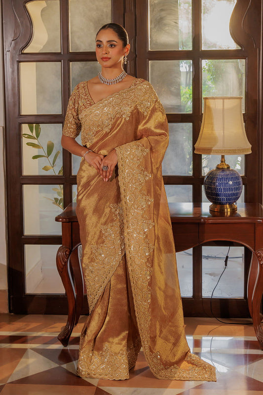 Dark Peach Silk Saree with Zircon Stone Embroidery - Mayrake.in