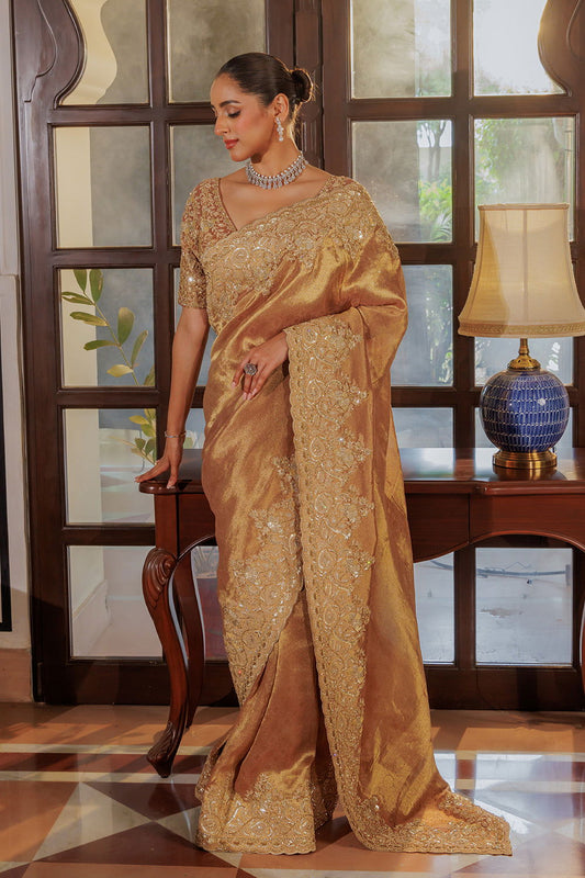 Dark Peach Silk Saree with Zircon Stone Embroidery - Mayrake.in