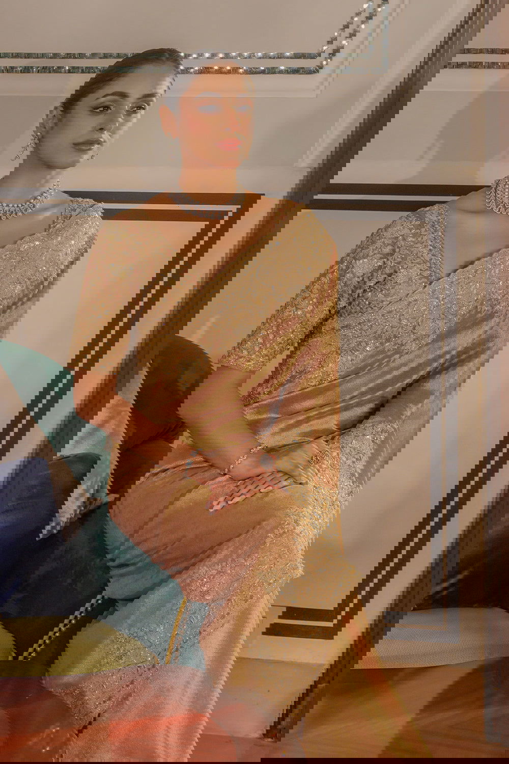 Dark Peach Silk Saree with Zircon Stone Embroidery - Mayrake.in