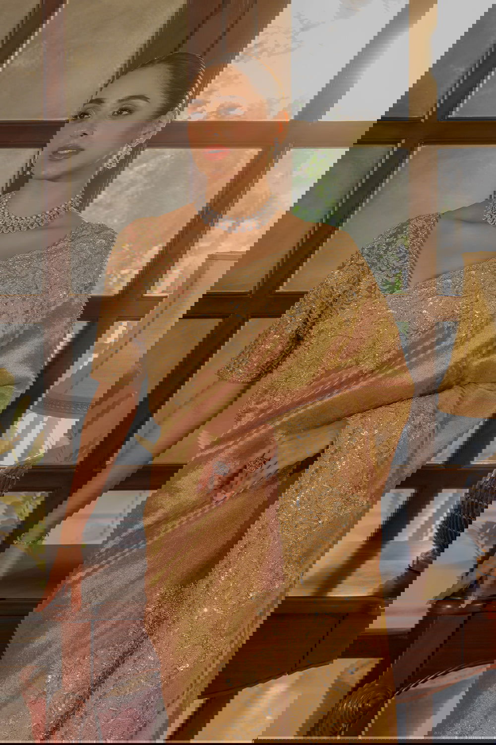 Dark Peach Silk Saree with Zircon Stone Embroidery - Mayrake.in