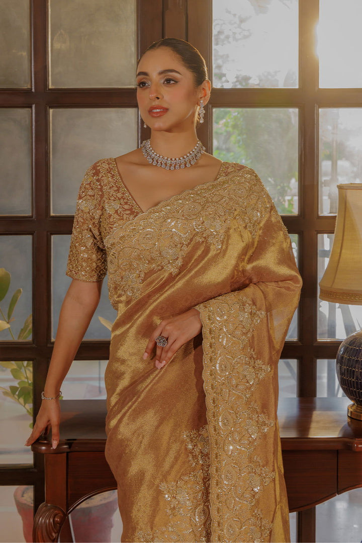 Dark Peach Silk Saree with Zircon Stone Embroidery - Mayrake.in