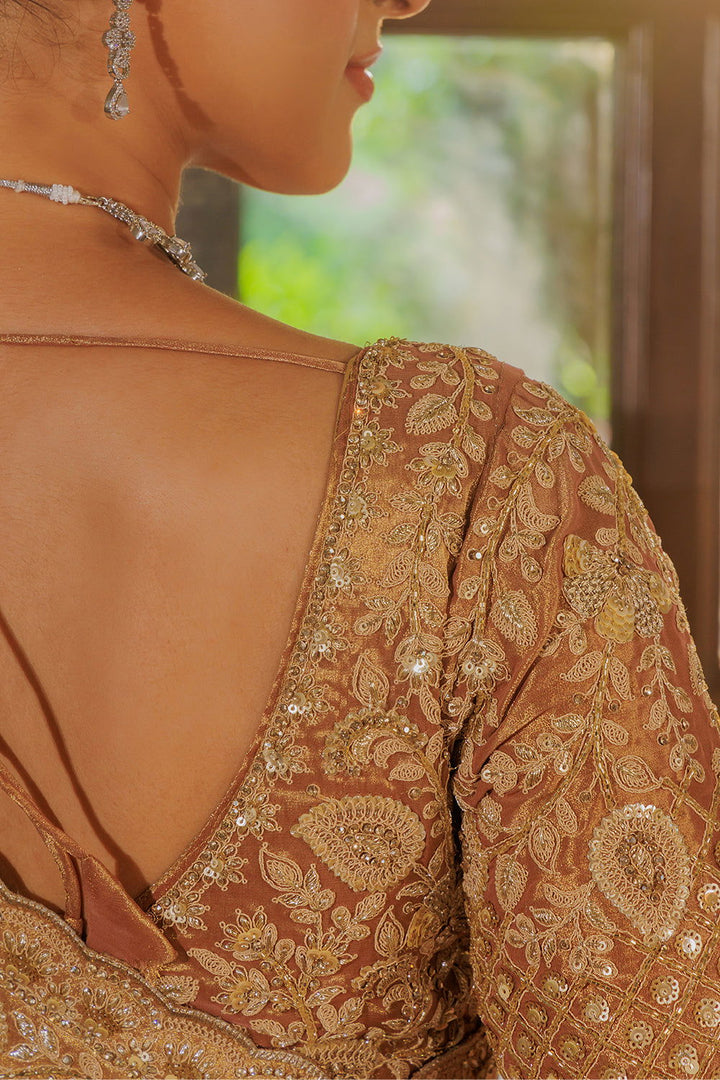 Dark Peach Silk Saree with Zircon Stone Embroidery - Mayrake.in