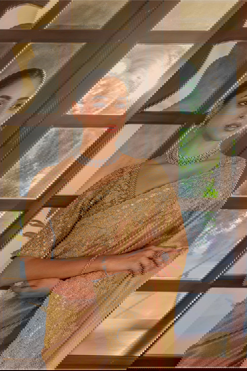 Dark Peach Silk Saree with Zircon Stone Embroidery - Mayrake.in