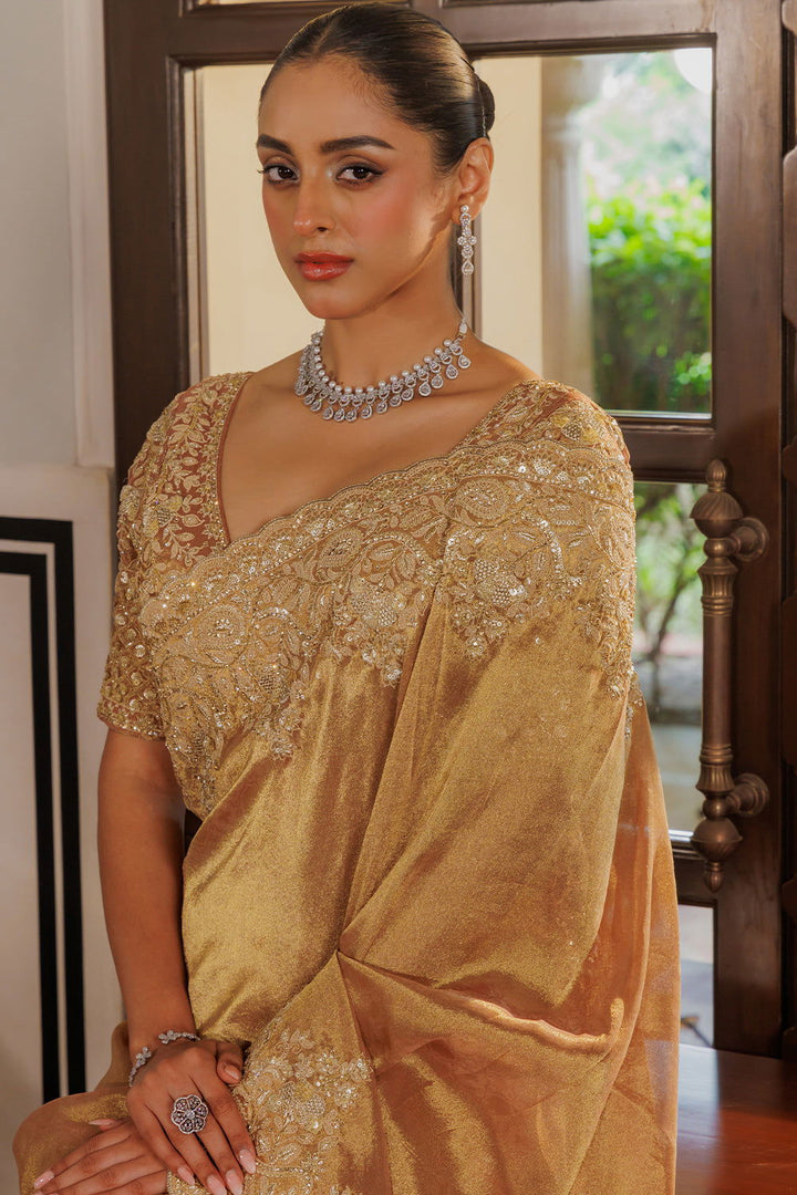 Dark Peach Silk Saree with Zircon Stone Embroidery - Mayrake.in