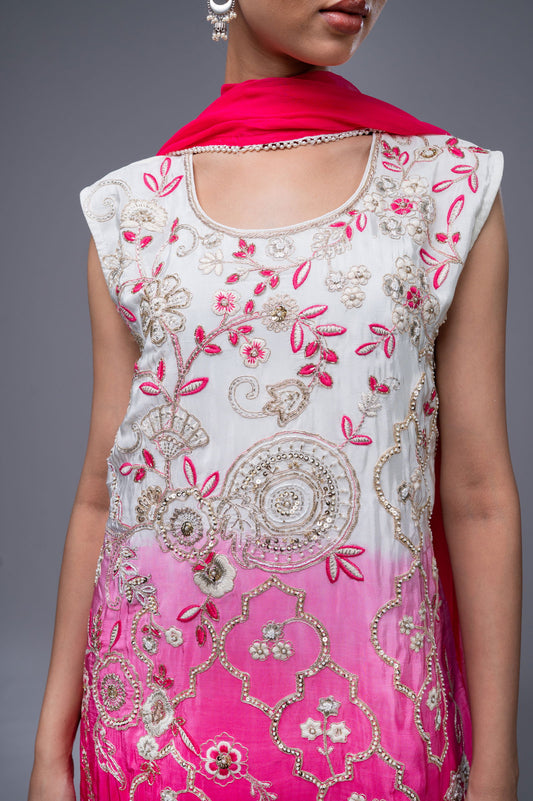 Dark Pink-Cream Shaded Crepe Palazzo Suit with Pearl Embroidered Work - Mayrake.in