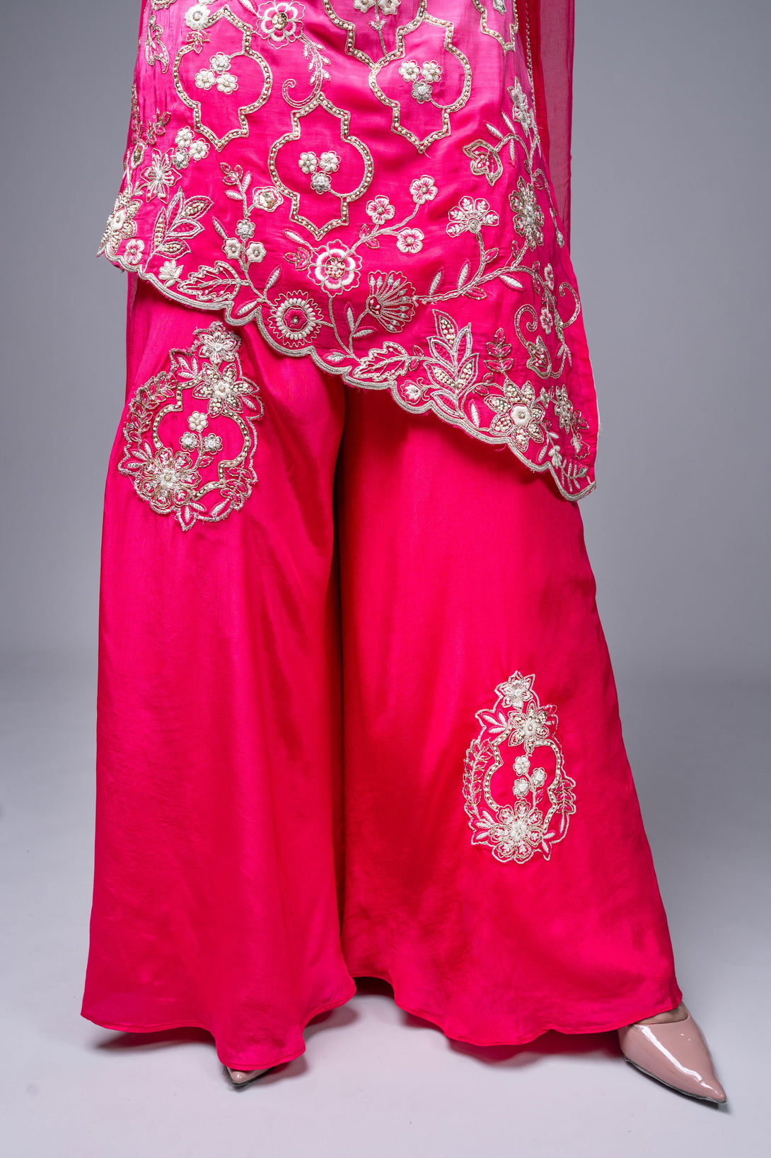Dark Pink-Cream Shaded Crepe Palazzo Suit with Pearl Embroidered Work - Mayrake.in