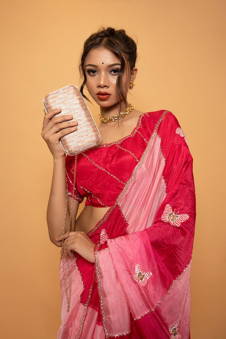 Elegant Fuchsia Pink and Rose Pink Saree with Stitched Designer Blouse - Mayrake