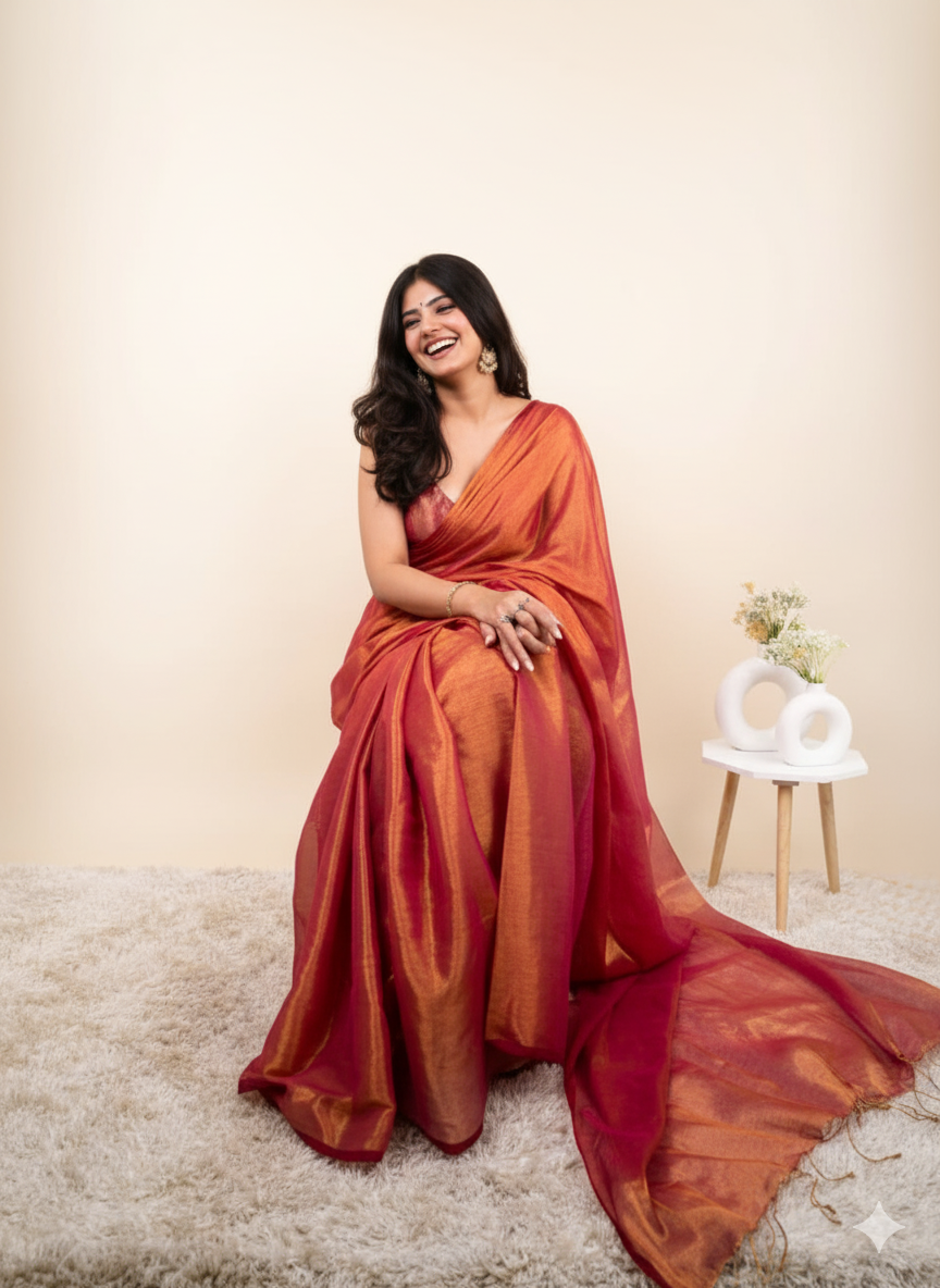 Elegant Shimmer Golden Rose Pink Khadi Cotton Tissue Handloom Saree - Mayrake.in