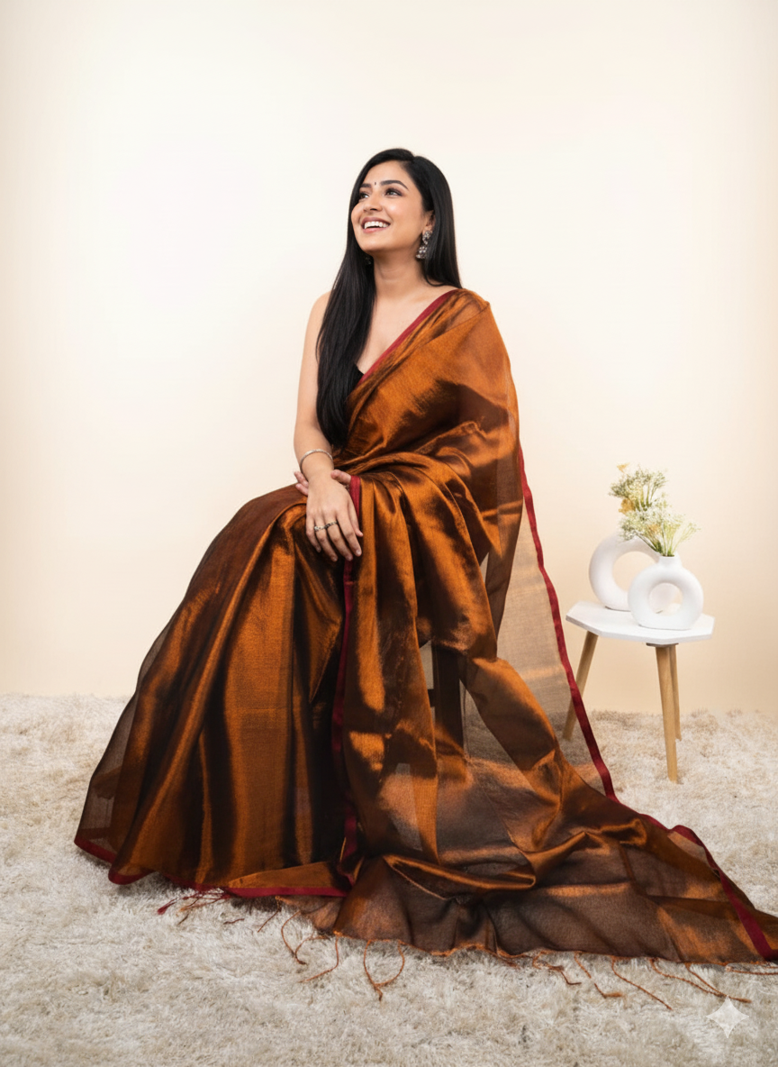 Elegant Shimmer Metallic Olive-Gold Khadi Cotton Tissue Handloom Saree - Mayrake.in