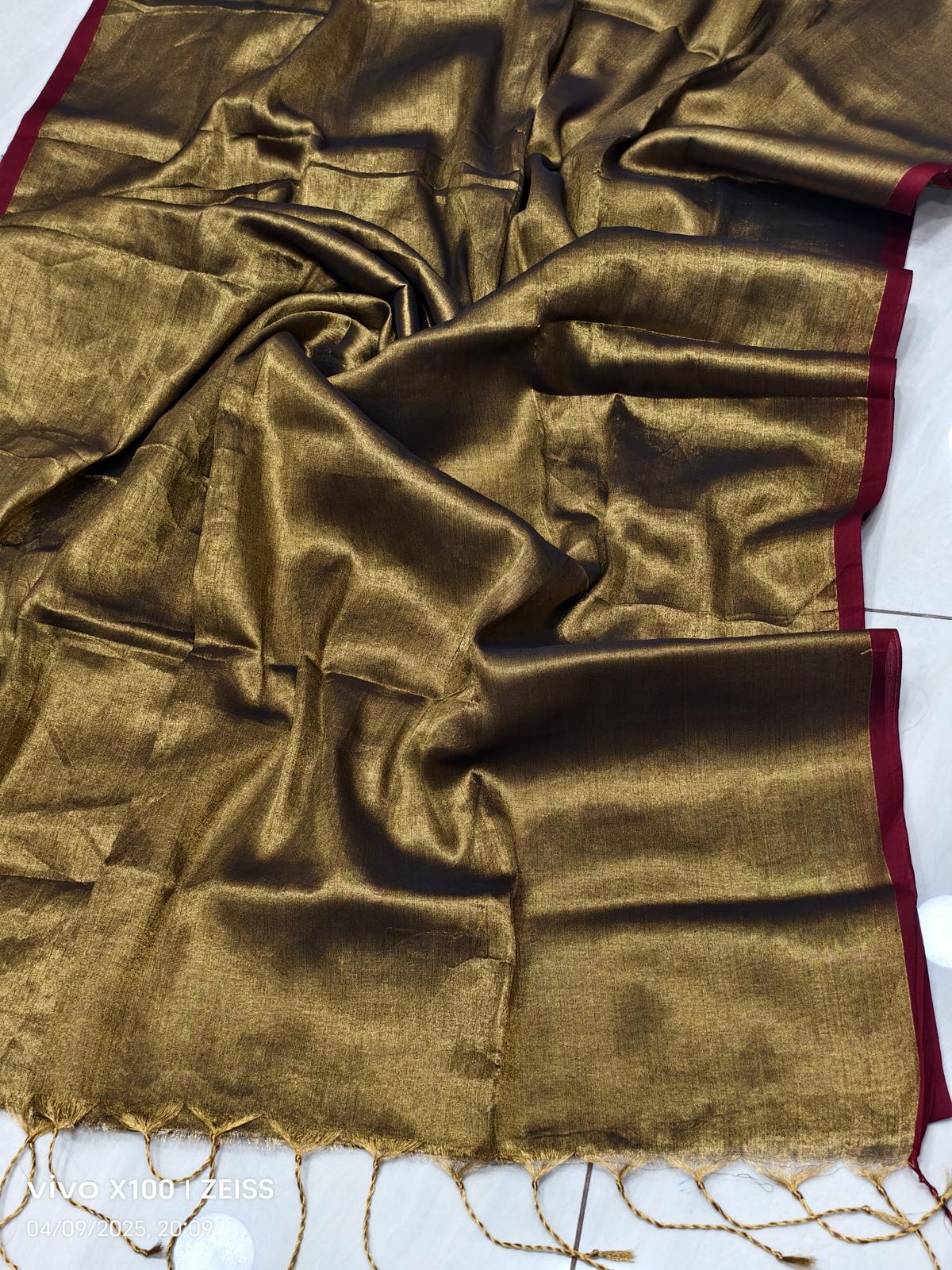 Elegant Shimmer Mustard Gold  Khadi Cotton Tissue Handloom Saree - Mayrake.in