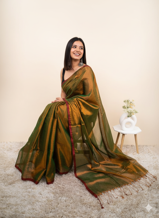 Elegant Shimmer Mustard Gold  Khadi Cotton Tissue Handloom Saree - Mayrake.in