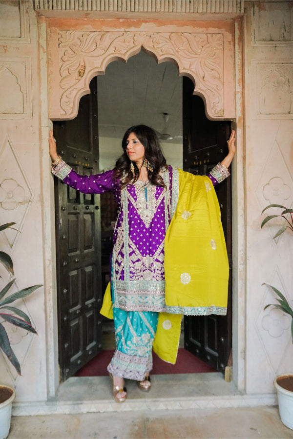 Embroidered Purple Georgette Suit with Sea Green Pants and Shiny Olive Green Dupatta - Mayrake