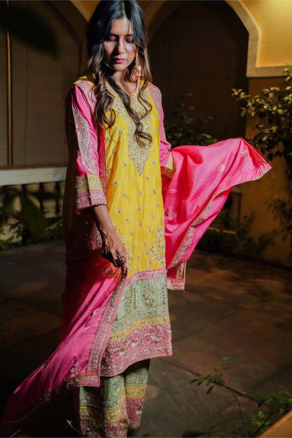 Embroidered Yellow Dupion Silk Suit with Multi-Color Pants and Shiny Pink Dupatta - Mayrake