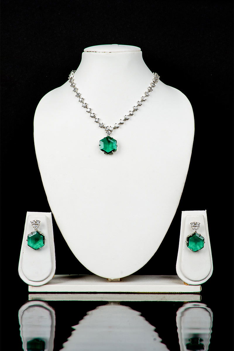 Emerald Green AD Necklace with Earrings - Mayrake.in