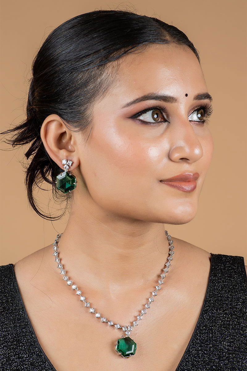 Emerald Green AD Necklace with Earrings - Mayrake.in