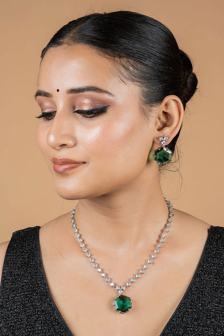 Emerald Green AD Necklace with Earrings - Mayrake.in