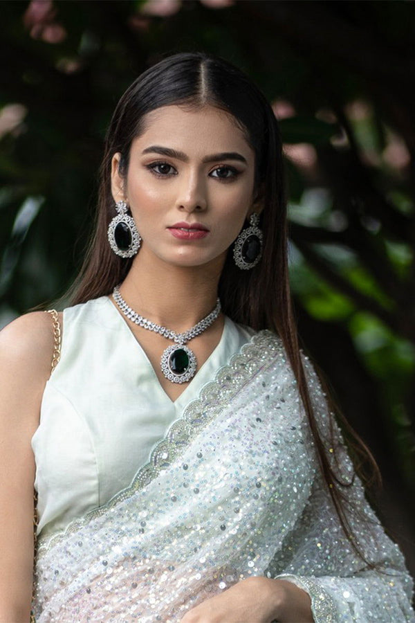 Emerald Green American Diamond Necklace with Earrings - Mayrake