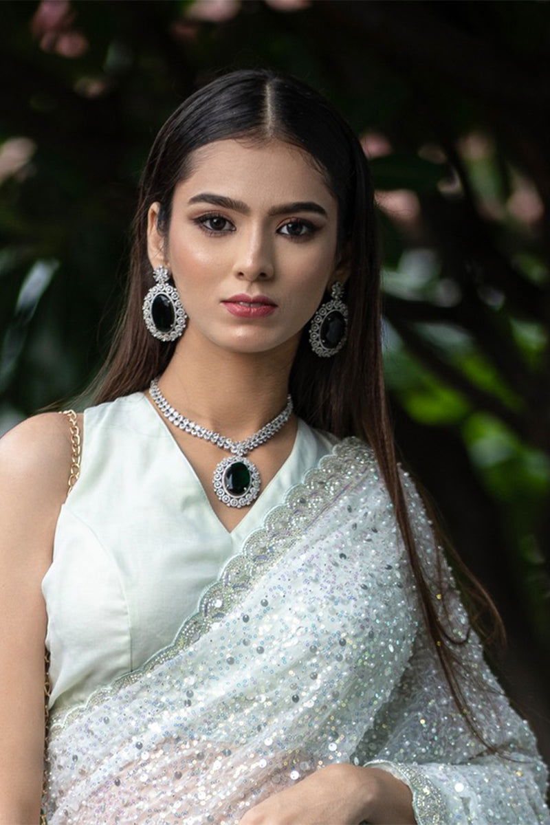 Emerald Green American Diamond Necklace with Earrings - Mayrake.in