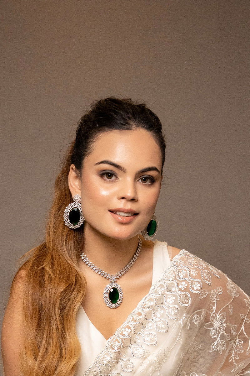 Emerald Green American Diamond Necklace with Earrings - Mayrake.in