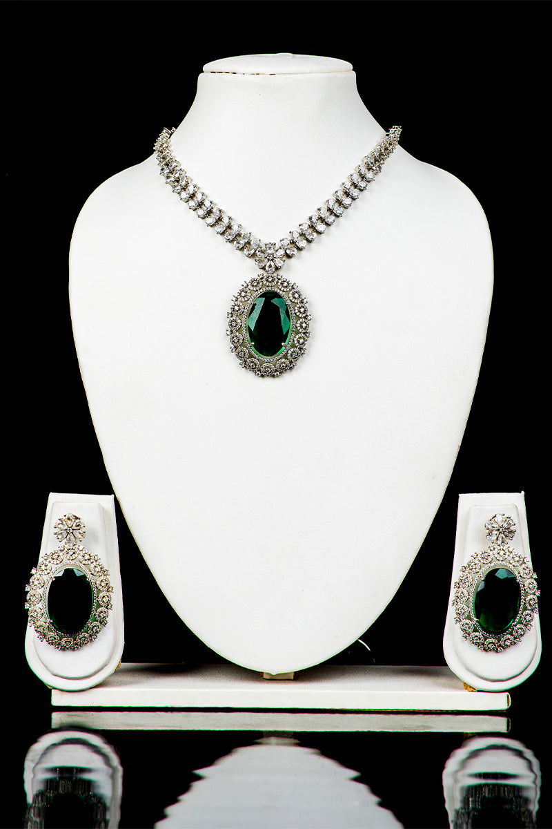 Emerald Green American Diamond Necklace with Earrings - Mayrake.in