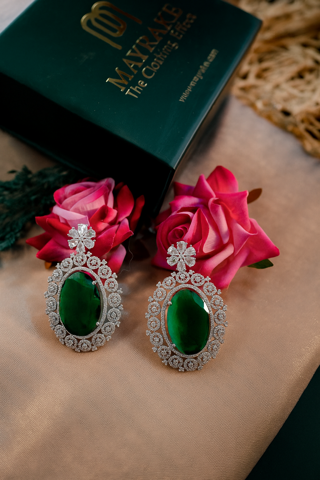 Emerald Green American Diamond Necklace with Earrings Jewellery Set - Mayrake.in