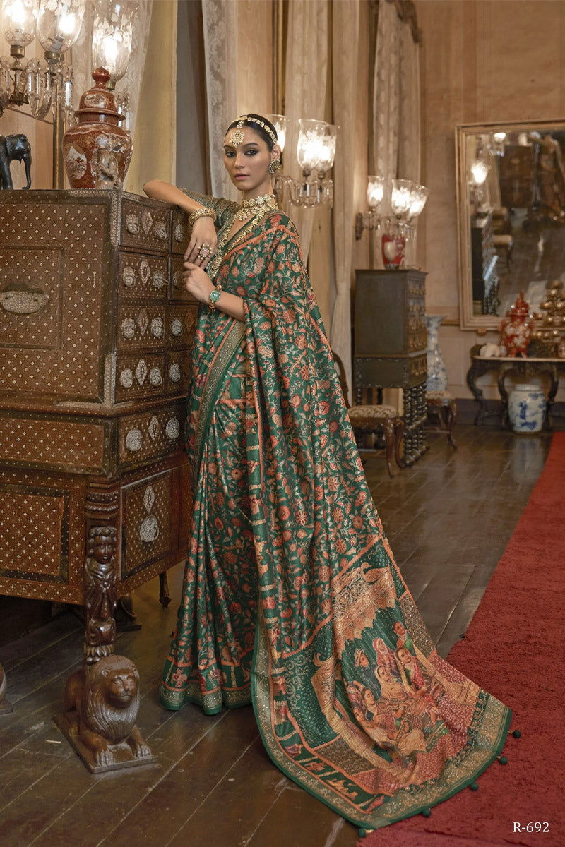Emerald Green Raw Silk Saree with Ethnic Heritage Prints - Mayrake.in