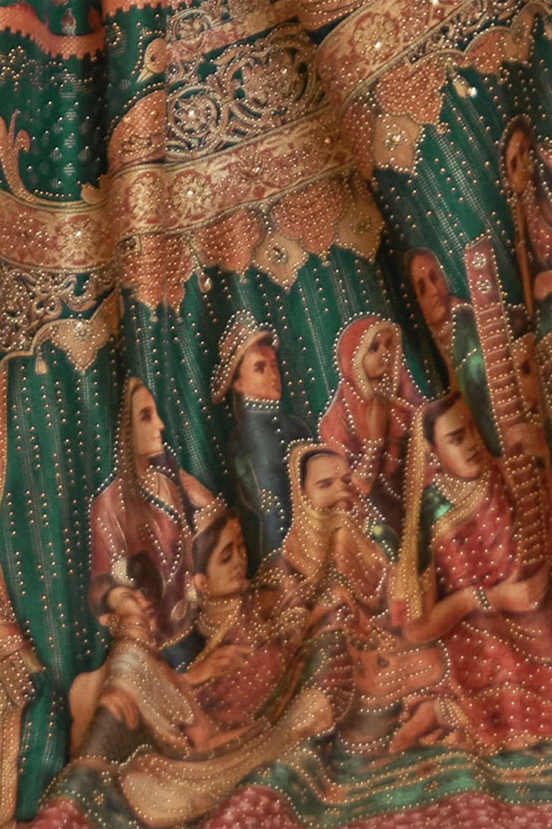 Emerald Green Raw Silk Saree with Ethnic Heritage Prints - Mayrake.in